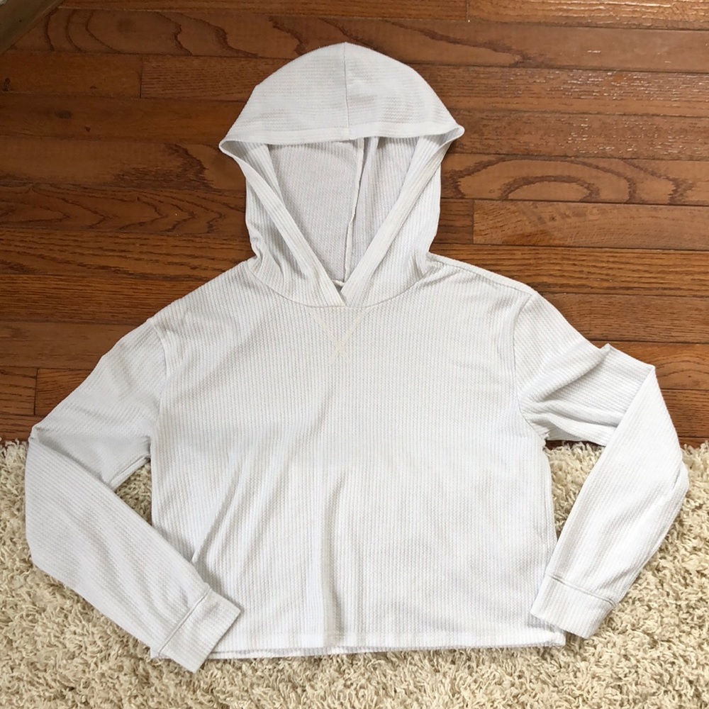 Hollister Cropped White Waffle Knit Hoodie Top